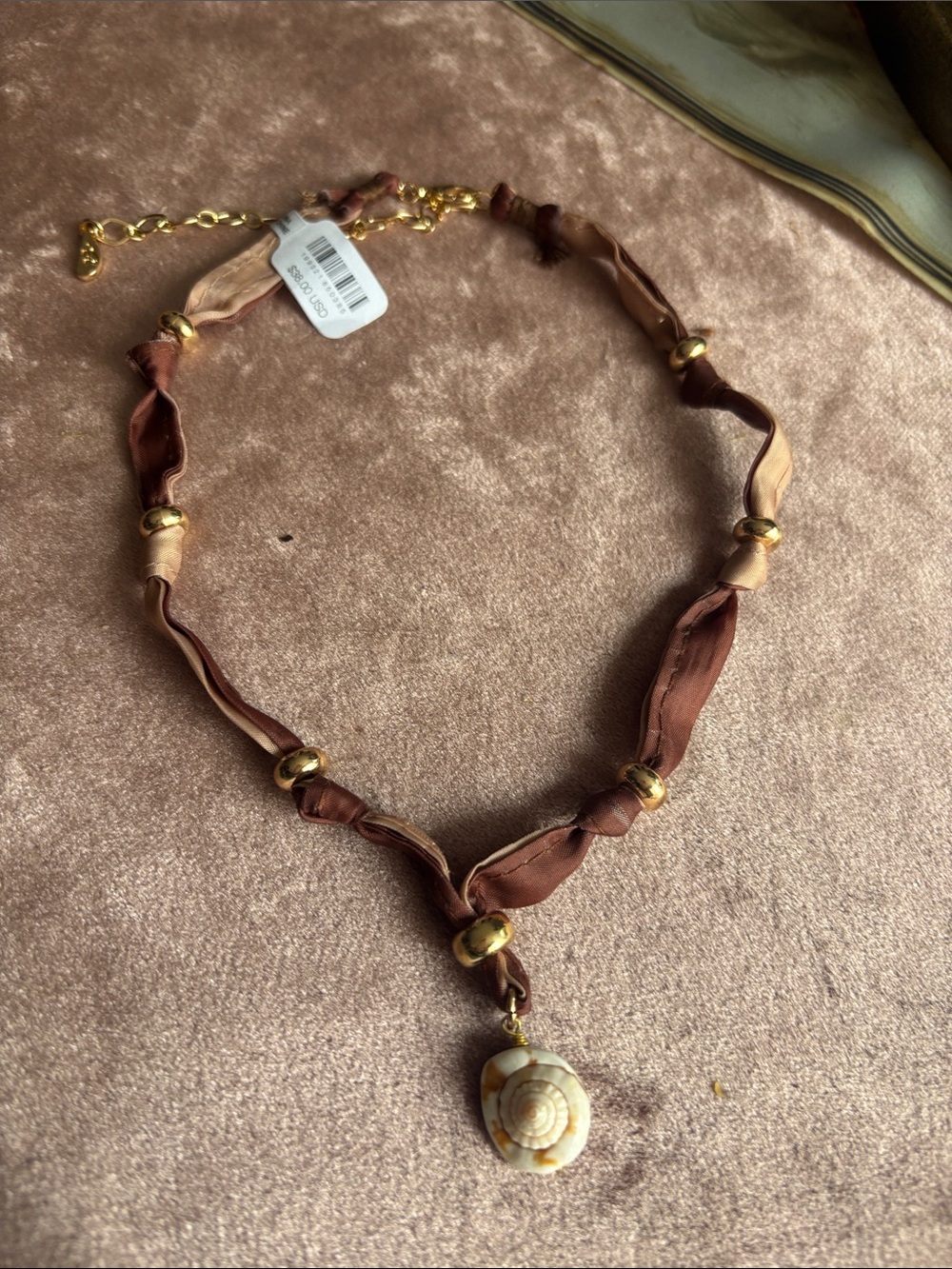 Free People Brown Silk Knot Necklace with Shell Pendant and Gold Accents